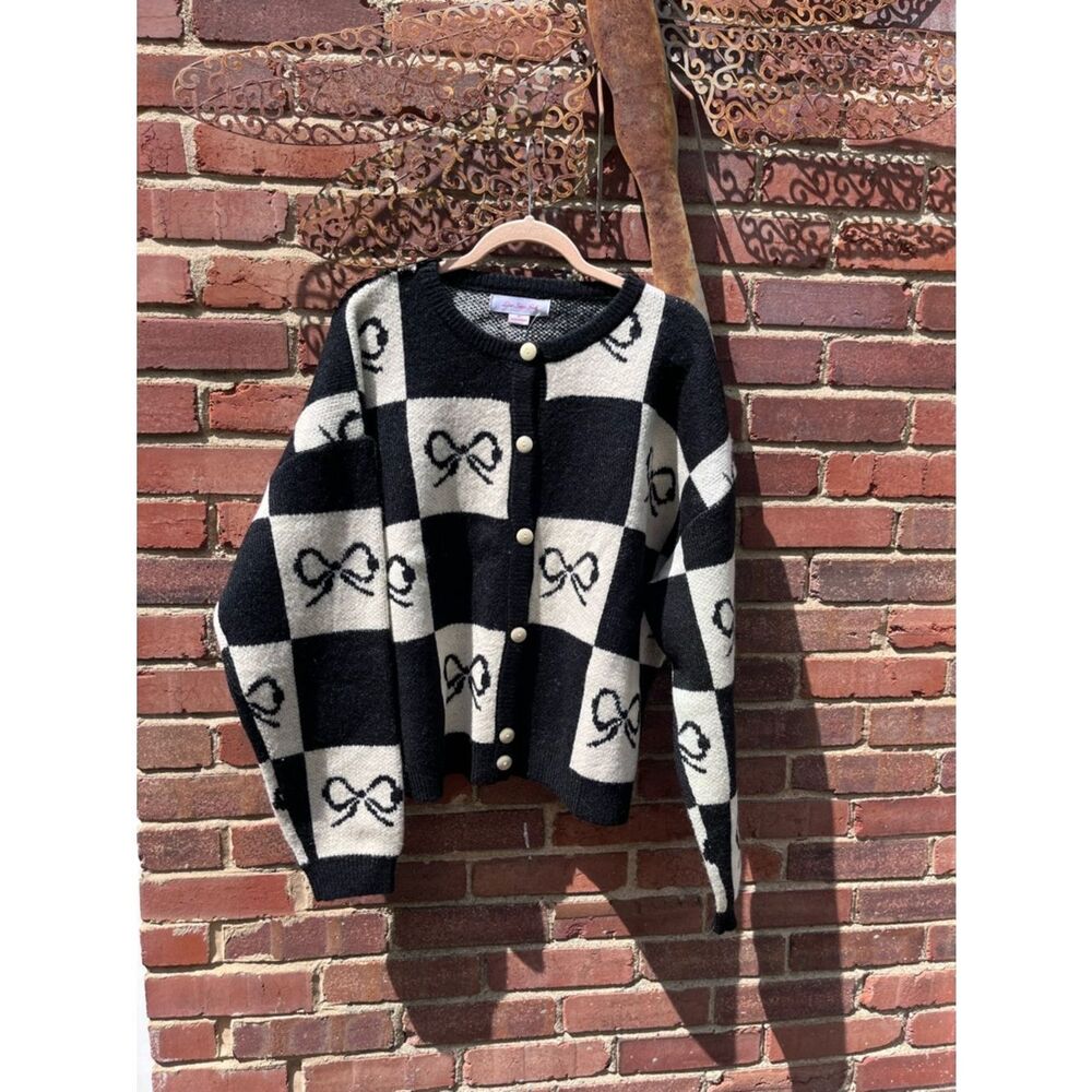 Lisa Says Gah Bow Check Lauda Cardi Sweater NWT - Picture 6 of 9